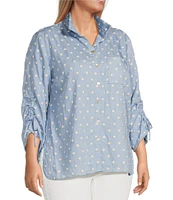 John Mark Plus Size Woven Embroidery Dots Wire Collar 3/4 Ruched Cinched Tie Sleeve Button Front Blouse