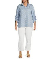 John Mark Plus Size Woven Embroidery Dots Wire Collar 3/4 Ruched Cinched Tie Sleeve Button Front Blouse