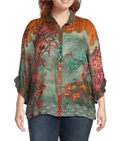 John Mark Plus Size Woven Floral Multiple Print Wire Neck 3/4 Ruffle Sleeve Button Front Shirt