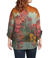 John Mark Plus Size Woven Floral Multiple Print Wire Neck 3/4 Ruffle Sleeve Button Front Shirt