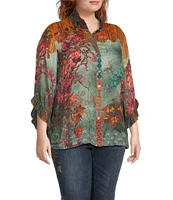 John Mark Plus Size Woven Floral Multiple Print Wire Neck 3/4 Ruffle Sleeve Button Front Shirt