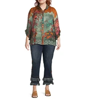 John Mark Plus Size Woven Floral Multiple Print Wire Neck 3/4 Ruffle Sleeve Button Front Shirt