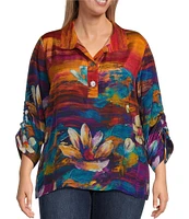 John Mark Plus Size Woven Floral Painting Print Wire Collar 3/4 Cinch Sleeve Tunic