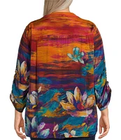 John Mark Plus Size Woven Floral Painting Print Wire Collar 3/4 Cinch Sleeve Tunic