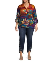 John Mark Plus Size Woven Floral Painting Print Wire Collar 3/4 Cinch Sleeve Tunic