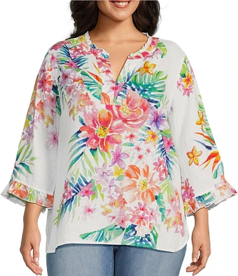 John Mark Plus Size Woven Linen Floral Ruffle Y-Neck 3/4 Sleeve Blouse