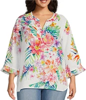 John Mark Plus Size Woven Linen Floral Ruffle Y-Neck 3/4 Sleeve Blouse