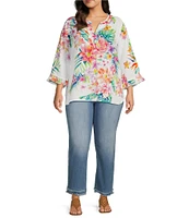 John Mark Plus Size Woven Linen Floral Ruffle Y-Neck 3/4 Sleeve Blouse