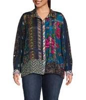 John Mark Plus Size Woven Mix Print Point Collar Long Roll-Tab Sleeve Button Front Shirt