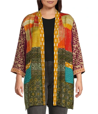 John Mark Plus Size Woven Mixed Patchwork Print 3/4 Sleeve Open Front Kimono