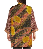 John Mark Plus Size Woven Mixed Patchwork Print 3/4 Sleeve Open Front Kimono