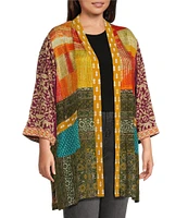 John Mark Plus Size Woven Mixed Patchwork Print 3/4 Sleeve Open Front Kimono