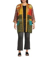 John Mark Plus Size Woven Mixed Patchwork Print 3/4 Sleeve Open Front Kimono