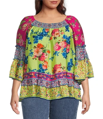 John Mark Plus Size Woven Mixed Print Scoop Neck 3/4 Flounce Sleeve Blouse