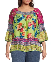 John Mark Plus Size Woven Mixed Print Scoop Neck 3/4 Flounce Sleeve Blouse