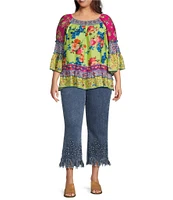 John Mark Plus Size Woven Mixed Print Scoop Neck 3/4 Flounce Sleeve Blouse