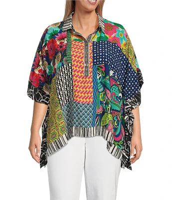 John Mark Plus Size Woven Multi Patch Print Collared Short Sleeve Tunic