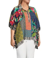 John Mark Plus Size Woven Multi Patch Print Collared Short Sleeve Tunic