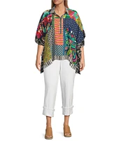 John Mark Plus Size Woven Multi Patch Print Collared Short Sleeve Tunic