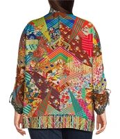 John Mark Plus Size Woven Multi Abstract Patch Print Wire Collar 3/4 Sleeve Button Front Blouse