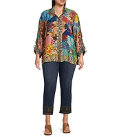 John Mark Plus Size Woven Multi Abstract Patch Print Wire Collar 3/4 Sleeve Button Front Blouse