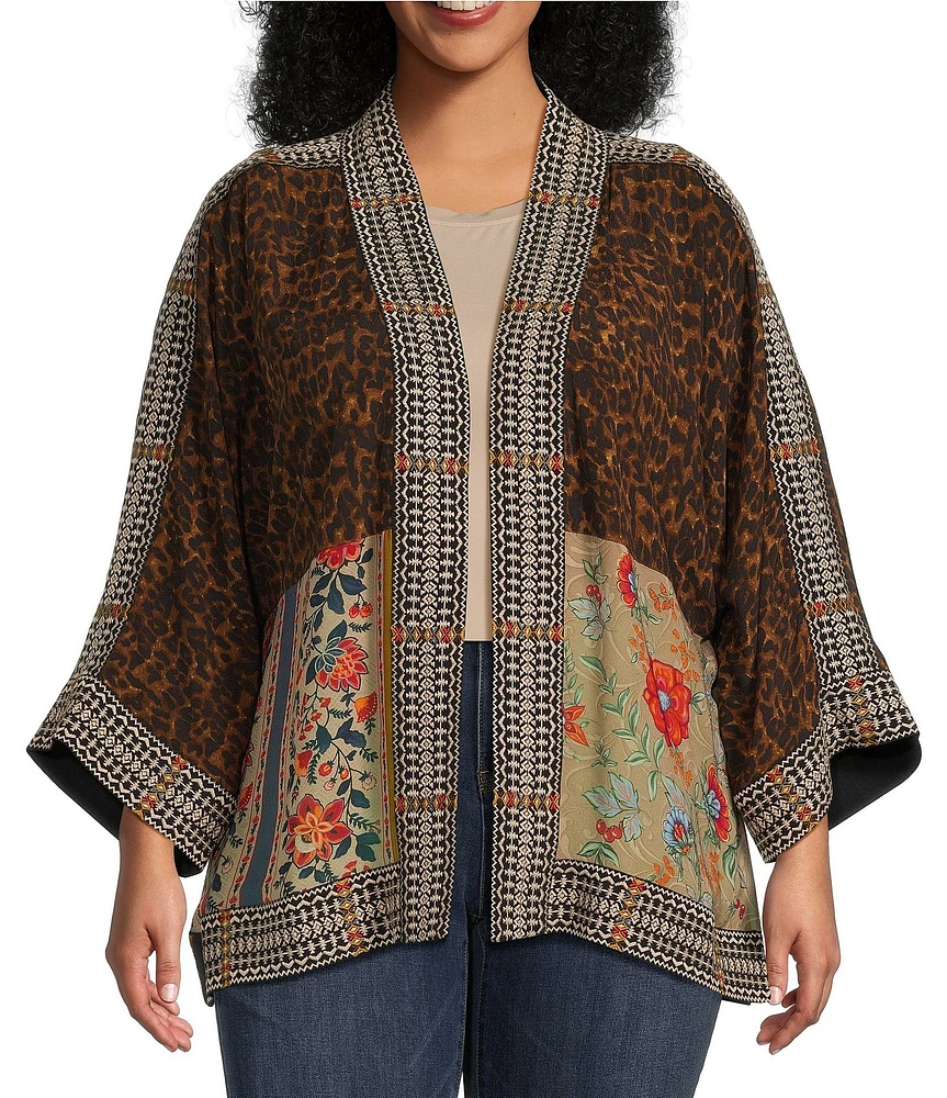 John Mark Plus Size Woven Multi Print Embroidered Open Front Neck 3/4 Sleeve Kimono Jacket