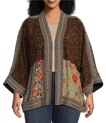 John Mark Plus Size Woven Multi Print Embroidered Open Front Neck 3/4 Sleeve Kimono Jacket