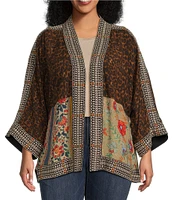 John Mark Plus Size Woven Multi Print Embroidered Open Front Neck 3/4 Sleeve Kimono Jacket