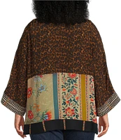 John Mark Plus Size Woven Multi Print Embroidered Open Front Neck 3/4 Sleeve Kimono Jacket