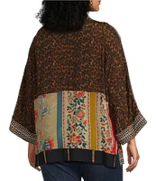 John Mark Plus Size Woven Multi Print Embroidered Open Front Neck 3/4 Sleeve Kimono Jacket