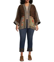 John Mark Plus Size Woven Multi Print Embroidered Open Front Neck 3/4 Sleeve Kimono Jacket