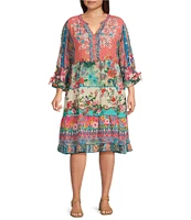 John Mark Plus Size Woven Multi Print Embroidered Split Round V-Neck 3/4 Cinch Tie Sleeve Dress