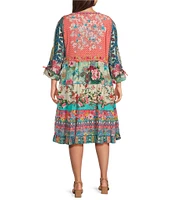 John Mark Plus Size Woven Multi Print Embroidered Split Round V-Neck 3/4 Cinch Tie Sleeve Dress