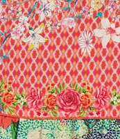 John Mark Plus Size Woven Multi Print Embroidered Split Round V-Neck 3/4 Cinch Tie Sleeve Dress