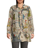 John Mark Plus Size Woven Novelty Map Print Point Collar Neck 3/4 Sleeve Button Front Long Tunic