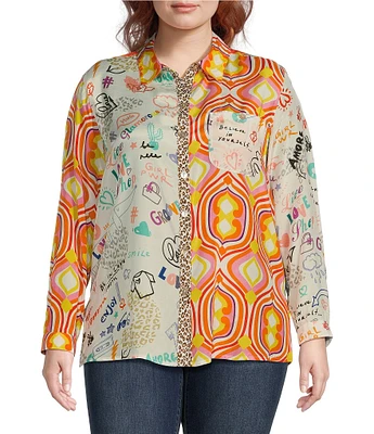 John Mark Plus Size Woven Novelty Mix Print Point Collar Long Roll-Tab Sleeve Button Front Tunic