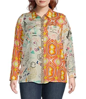 John Mark Plus Size Woven Novelty Mix Print Point Collar Long Roll-Tab Sleeve Button Front Tunic