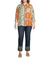 John Mark Plus Size Woven Novelty Mix Print Point Collar Long Roll-Tab Sleeve Button Front Tunic