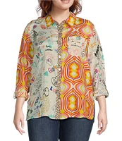 John Mark Plus Size Woven Novelty Mix Print Point Collar Long Roll-Tab Sleeve Button Front Tunic