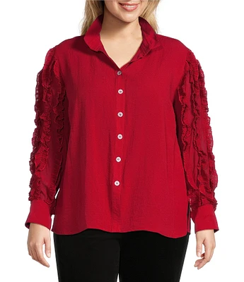 John Mark Plus Size Woven Point Collar Long Sheer Ruffle Sleeve Hi-Low Hem Top