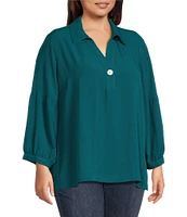 John Mark Plus Size Woven Point Collar Neck 3/4 Sleeve Single Button Pullover Tunic