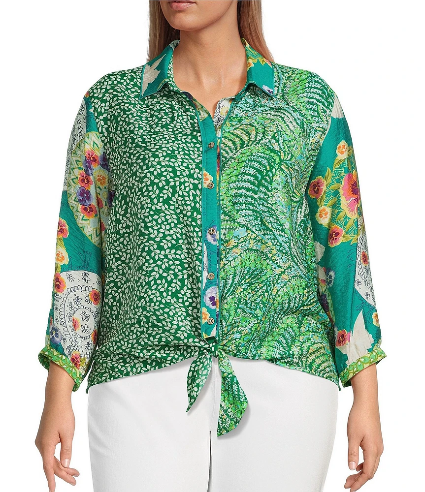 John Mark Plus Size Woven Printed Point Collar 3/4 Sleeve Tie-Front Shirt
