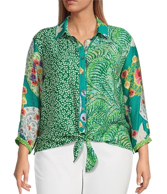 John Mark Plus Size Woven Printed Point Collar 3/4 Sleeve Tie-Front Shirt