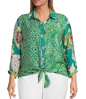 John Mark Plus Size Woven Printed Point Collar 3/4 Sleeve Tie-Front Shirt