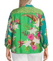 John Mark Plus Size Woven Printed Point Collar 3/4 Sleeve Tie-Front Shirt