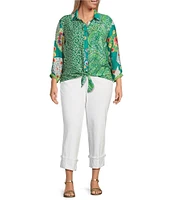 John Mark Plus Size Woven Printed Point Collar 3/4 Sleeve Tie-Front Shirt