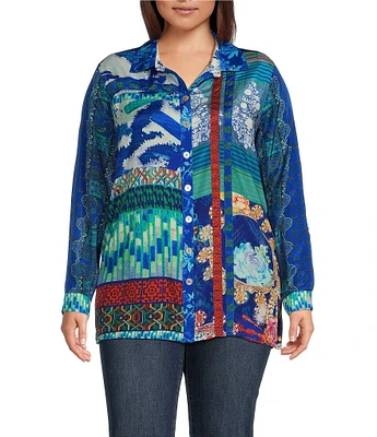 John Mark Plus Size Woven Printed Point Collar Long Roll-Tab Sleeve Button Front Tunic