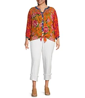 John Mark Plus Size Woven Printed Split V-Neck 3/4 Sleeve Hi-Low Hem Button-Front Blouse
