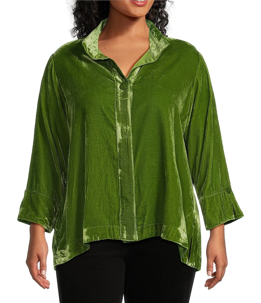 John Mark Plus Size Woven Velvet Wire Collar 3/4 Rolled Sleeve Hi-Low Hem Tunic