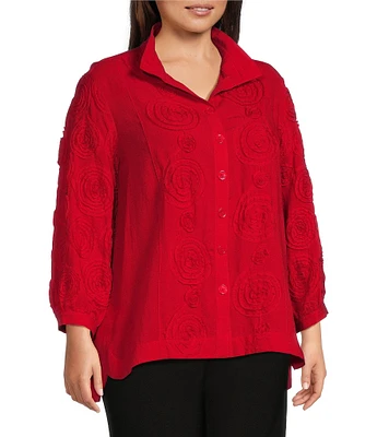 John Mark Plus Size Woven Wire Collar 3/4 Sleeve Embroidery Pop Up Floral Detail Button-Front Blouse